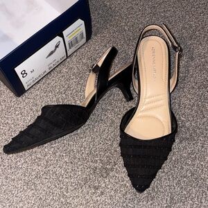 Adrienne Vittadini Black Textured Slingback Pointed Kitten Heels